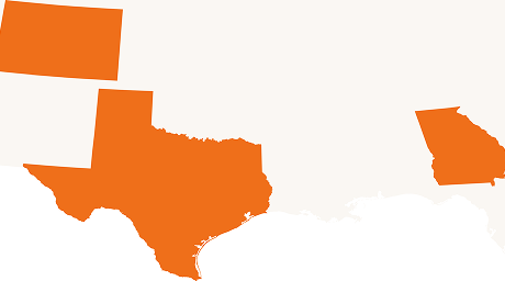 Texas, Georgia, and Colorado highlighted on a US map